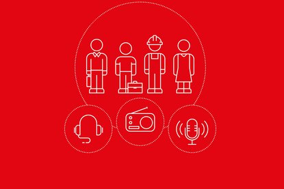 Zeichnung mit Icons für verschiedene Berufe und Radioempfang